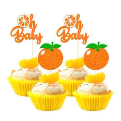 Ephlyn 24Pcs Little Cutie Cupcake Toppers Glitter Orange Oh Baby Cupcake Picks Citrus Theme Baby Shower Decorations for Cutie Kids Birthday Party Baby Shower Gender Reveal Fruit Party Supplies