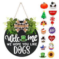 RoseCraft Interchangeable Wooden Seasonal Welcome Sign, Rustic Round Dogs Sign Front Door Wreaths for Home/Wall/Porch Decor, for Easter Spring Summer Fall Halloween Christmas All Season Decorations
