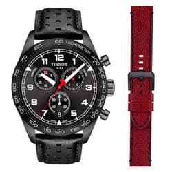 Tissot mens Tissot PRS 516 Chronograph 316L stainless steel case with black PVD coating Quartz Watch Set, Black, Leather, 22 (T1316173605200)