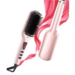 MEGAWISE Updated 2025 MEGAWISE Hair Straightener Ceramic Brush ; Anti-Scald Dual Voltage Flat Iron Hot Brush | Rotatable Cord |Auto Shutoff | Anti-frizz |for All Hair Types (Pink)
