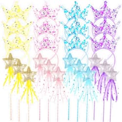 Hollowfly 24 Pcs Princess Wands Party Favors Glitter Star Fairy Wands Sequin Princess Crown Headbands for Girls Birthday Party Gifts
