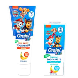 Orajel Kids Paw Patrol Fluoride-Free Training Toothpaste, Fluoride-Free Toothpaste, 1.5oz Tube with Orajel Kids Paw Patrol Anti-Cavity Fluoride Toothpaste, Natural Fruity Bubble Flavor, 4.2oz Tube