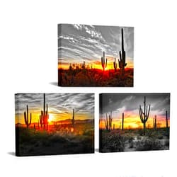 OuElegent 3 Panel Beautiful Sunset with Saguaros Landscape Canvas Wall Art Sonoran Desert Picture Gallery Wrapped Botanical Cactus in Arizona Artwork Print on Canvas for Home Office Decor