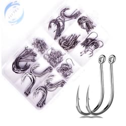 Selake 100PCS/210PCS Premium Fishing Hooks, 9 Sizes/5 Sizes Carbon Steel Fishing Hooks & Portable Plastic Box, Strong Sharp Fishing Circle Hook Kit with Barbs for Freshwater/Seawater