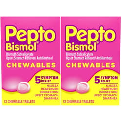 Pepto Bismol Chewable Tablets for Nausea, Heartburn, Indigestion, Upset Stomach, and Diarrhea - 5 Symptom Fast Relief, Original Flavor 12 ct (Pack of 2)