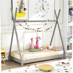 CNANXU Solid Wood Twin Size Canopy Platform Bed with Triangle Structure, Twin Floor Bed Frame for Boys, Girls, Teens, Mattress Base, No Box Spring Needed (Gray)