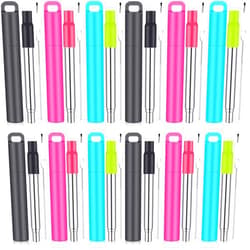 Gejoy 12 Pack Metal Reusable Straw Drinking Collapsible Foldable Stainless Steel Straw with Plastic Case Silicone Tip and Cleaning Brush Long Telescopic Portable Travel Straw for Work