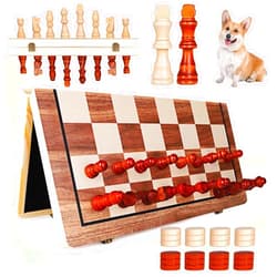 Demiwise Magnetic Wooden Chess Set,2 in 1 Chess & Checkers Game Set with 2 Extra Queens,Foldable Magnetic Chess Board Game, Portable Checkers Board Game for Adults and Kids Travelling