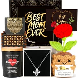 Fortuning's JDS Birthday Gift for Moms, Mom Birthday Mothers Day Gifts Ideas Basket for Moms Mama Mother from Daughter Son Child, New Moma Gifts with Music Box and Knitted Rose Flowers Mom Crochet