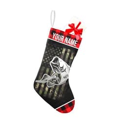 OAHEDIAM Personalized Christmas Stockings Camouflage Flag Bass Fishing Plaid Socks Bag for Decorations, Trees, Wall, Stocking Decorations for Kids Dog Cat Pet Xmas Gift 7.87x17.52 inch