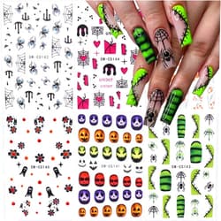 BSBTBZ 6Pcs/Set Halloween Nail Art Stickers 3D Spider Web Nail Decals Pink Love Scar Cute Ghost Pumpkin Skull Hibiscus Flower Nail Design Sliders Sticker for DIY French Manicure Holiday Nails Art Decoration