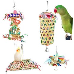 GUANLANT 4 Pack Shredder Foraging Feeder Bird Toys Treat Basket for Parrots, Conure Shredding Chewing Paper Hanging Cage Climbing Foot Toys with Bell for Parakeets Cockatiel African Grey