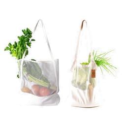 KINGWEDDING Long Handle Beige and White Netting Reusable Grocery Bags,Washable Cotton Mesh Stretchy Bags Shopping Bags Knit Bags Market Bags Carrying Fruit,Vegetables,Beach,School