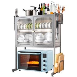 XIMSPHY Microwave Oven Rack for Kitchen, 4 Tier Countertop Organizer Stand with Storage Cabinet, Microwave Shelf for Utensils Tableware Storage (Grey)
