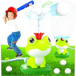 Handwell Water Sprinkler Baseball Toy for Kids: 2 in 1 Frog Sprinkler Tee Ball Set 360° Roating Spray Water Attaches to Garden Hose Outdoor Play for Boys Girl Summer Splashing Fun Backyard Lawn Pool Party Game