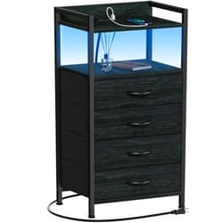 Furnulem 4 Drawer Nightstand with Shelf, Tall Black Dresser for Bedroom with Led Light and Charging Station, Bed Side Table for Living Room, Fabric Storage Bins, Metal Frame, Wood Furniture