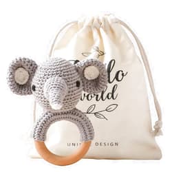 WOODEN TEETHER Wooden Baby Rattle Shaker Toy Crochet Elephant Ring Rattle, Newborn Animal Rattle Toys, Baby Toys for Baby and Infant