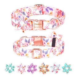 THAIN Custom Flower Girl Dog Collar Personalized for Female Dogs- Floral Pattern Engraved Pet Collars with Name Personalized Rose Gold Buckle (S(neck 10.2-16.5