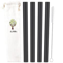 ALINK Reusable Black Silicone Boba Straws, 4-Pack Extra Wide Smoothie Straws for Bubble Tea/Shakes/Tapioca Pearls with Cleaning Brush and Carrying Case