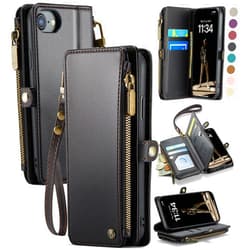Defencase Compatible with iPhone SE 2020 2022 Case Wallet with RFID Blocking Card Holder for Women Men, Soft PU Leather Magnetic Snap Flip Zipper Strap Wallet Phone Case Fit for iPhone SE/7/8, Black