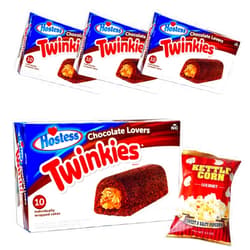 Noble Crunch Chocolate Lovers Twinkies (4pks - 32 Twinkies) - Sweet and Salty Kettle Popcorn (1, 5.5oz bag) - 5 Items Total