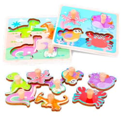 LovesTown 2 Sets Wooden Peg Puzzles, Knob Puzzles with Handles Puzzles for Toddlers Montessori Educational Toys for Kids Preschoool Learning