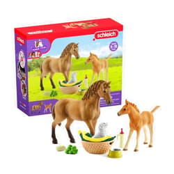 Schleich Horse Club Sarah's Baby Horse Animal Care Figurine Toy Set - Little Farm Animal Care Horse, Foal, and Puppy with Accessories Play Toy Set for Boys and Girls, Gift for Kids Age 5+