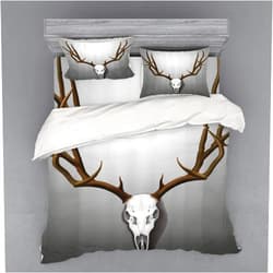 Lunarable Antler Duvet Cover Set, Realistic Deer Skull Large Horns Elk Skeleton on Abstract Backdrop Print, 4 Piece Bedding Set with Shams and Fitted Sheet, King Size, Brown White Grey