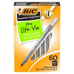 BIC Round Stic Xtra Life Black Ballpoint Pens, Medium Point (1.0mm), 60-Count Pack of Bulk Pens, Flexible Round Barrel for Writing Comfort, No. 1 Selling Ballpoint Pens