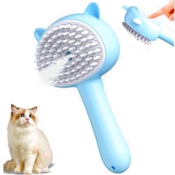 KALAMANDA Cat Steam Brush, 4 in 1 Steamy Cat Brush with Handle, Rubber Pet Misting Brush with Release Button, Spary Dog Comb with Cleanser for Indoor Kittens Small Animals(Blue)