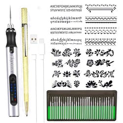 Ryoma Rechargeable cordless Electric Micro Engraver Pen Mini DIY Engraving Tool Kit for Metal Glass Ceramic Plastic Wood Jewelry with 30 Bits and 16 Stencils and 1 Scriber Pen (silver)