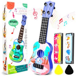 KFPPLXQ Mini Guitar 10 Inch Musical Toy Guitar, Classical Mini Toddler Ukulele with 2 Extra Mini Harmonica 16 Holes and 2 Kids Guitar Pick (Dinosaur)