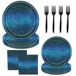 SJJPDYY 96 Pcs Galaxy Party Starry Night Supplies Tableware Set Outer Space Theme Birthday Star Party Table Decorations Solar System Paper Plates Napkins Forks for 24 Guests