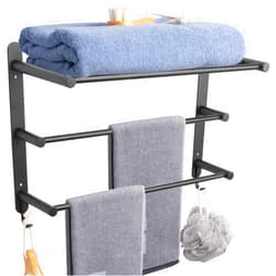NearMoon Bathroom 3 Tier Towel Shelf-Premium SUS304 Stainless Steel Towel Rack with Double Towel Bar, Space Saving Towel Hangers Bath Storage-Wall Mounted Organizer Accessory (24 Inch, Matte Black)