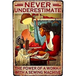 Kehkyie Retro New Metal Tin Sign Plate Black Woman with a Sewing Machine Plaque Bar Club Man Cave 12 X 8 in