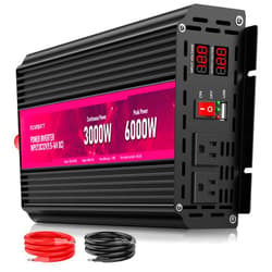 ROARBATT 3000W Power Inverter,12V DC to AC 110V120V Peak Power 6000W with 2AC Outlets and 2.4USB Port,LCD Display Car Inverter for Outdoor Activities,Emergency