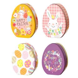 belupai 4pcs Easter Egg Tin Box, Easter Egg Shape Candy Box Happy Easter Bunny Design Snack Containers with Lid Biscuits Case Cookies Holder Metal Storage Box for Home Party
