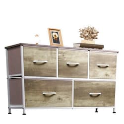 WLIVE Dresser for Bedroom with 5 Drawers, Wide Chest of Drawers, Fabric Dresser, Storage Organizer Unit with Fabric Bins for Closet, Living Room, Hallway, Greige Oak