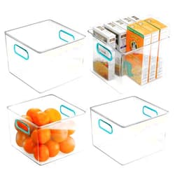 mDesign Plastic Food Storage Container Bin with Handles for Kitchen, Pantry, Cabinet, Fridge/Freezer - Cube Organizer for Snacks, Produce, Vegetables, Pasta - BPA Free, Food Safe - 4 Pack, Clear/Blue