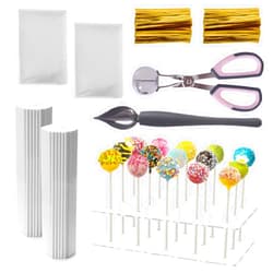 OKAHUOCHUANG Cake Pop Maker Kit Including Treat Sticks and Clear Acrylic Display Stand, Culinary Decorating Spoons, Parcel Bags,Twist Ties,Meat Baller with Handle Making for Candies Chocolates Lollipop