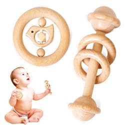 Promise Babe 2pc Set Wooden Rattle Toys Beech Wood Ring Montessori Bird Shape Grasping Toddler Toys