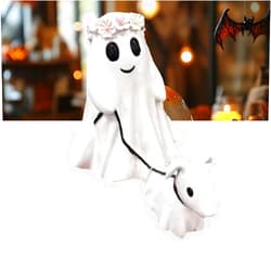 Forauzon Ghost Walking Dog Halloween Figurine, Cute Ghost Dog Statue, Spooky Ghost and Dog Tabletop Decor, Halloween Home Decoration (B)