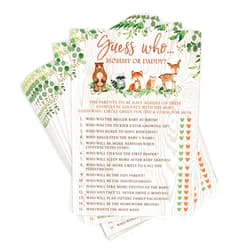 Printed Party Baby Shower Games – Guess Who Mommy or Daddy Game for Boy or Girl, Woodland Forest Animals Theme, 50 Cards