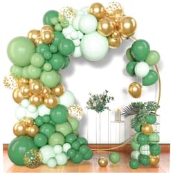 Amandir 153pcs Sage Green Balloon Garland Arch Kit, Different Sizes 18 12 10 5 inch Sage Green Gold Latex Metallic Confetti Gold Balloons for First Communion Safari Baby Shower Baptism Decorations