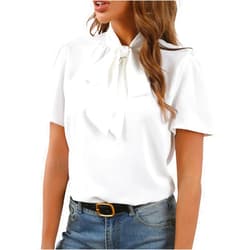 Rooscier Women's Bow Tie Knot Mock Neck Short Sleeve Elegant Workwear Blouse Shirt Top