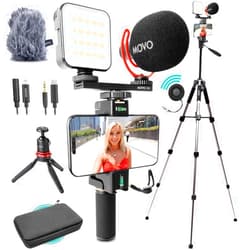 Movo iVlogger-PRO Vlogging Kit with Full Tripod for iPhone/Android - YouTube Starter Kit for Content Creators - Accessories: Phone Tripod, Phone Mount, RGB Light and VXR10 Shotgun Mic