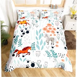 Erosebridal Kawaii Horse Bedding Set,Cartoon Horse Duvet Cover Queen,Cute Love Heart Leaf Floral Comforter Cover for Kids Girls Boys,Paw Print Farm Animal Bed Sets with 2 Pillow Cases