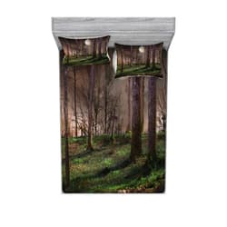 Lunarable Gothic Fitted Sheet & Pillow Sham Set, Dark Night in The Forest with Full Moon Horror Theme Grunge Style Halloween, Decorative Printed 3 Piece Bedding Decor Set, Queen, Yellow Brown