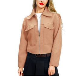 Aprsfn Women's Wool Coat Lapel Zipper Up Copped Bomber Jacket Outerwear with Pockets