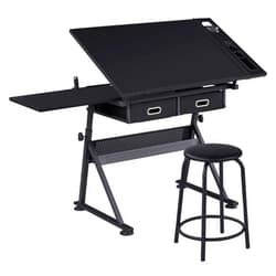Yaheetech Drafting Table for Artists, Height Adjustable Drawing Desk Art/Craft Desk Diamond Paintings Work Station w/ 2 Storage Drawers and Stool for Home Office School, Black